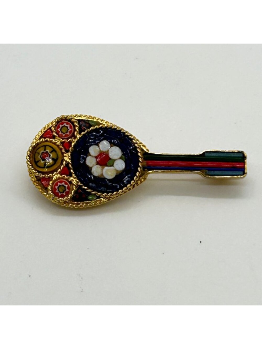 Vintage Micro Mosaic Brooch Millefiori Floral Mandolin Guitar Pin Gold Tone